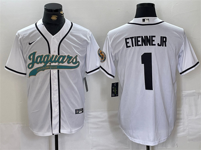 Men's Jacksonville Jaguars #1 Travis Etienne Jr. White With Patch Cool Base Stitched Baseball Jersey